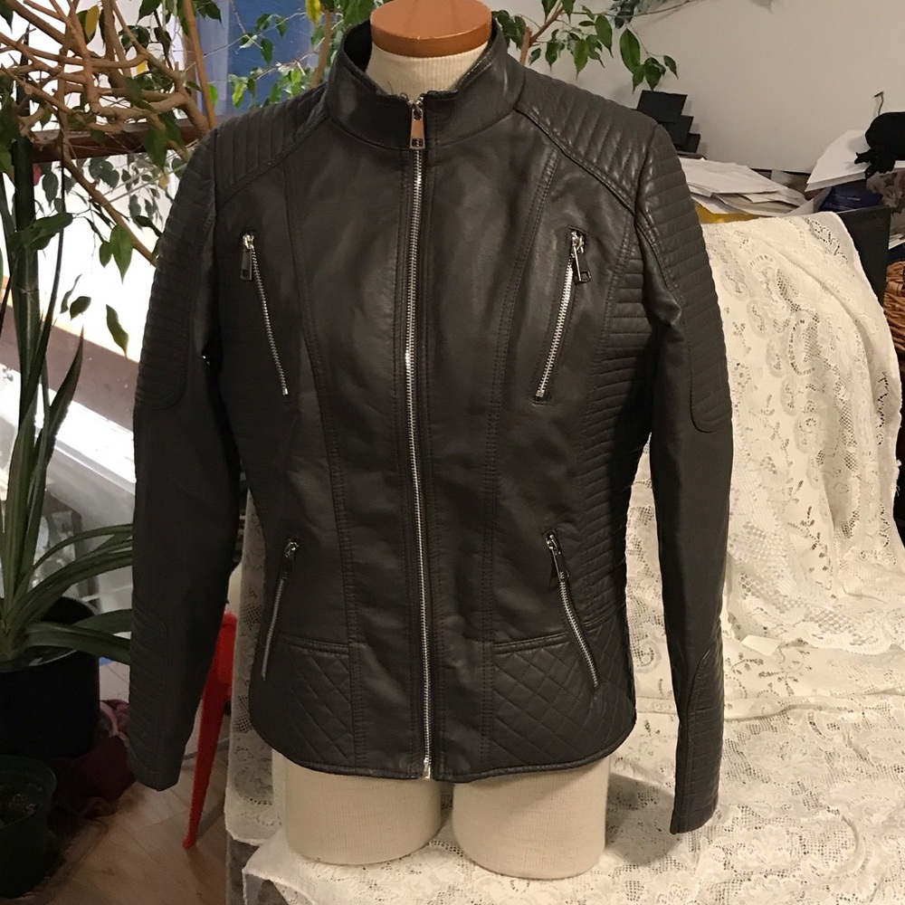 YMI Dark Faux Leather Jacket with Quilted Accents